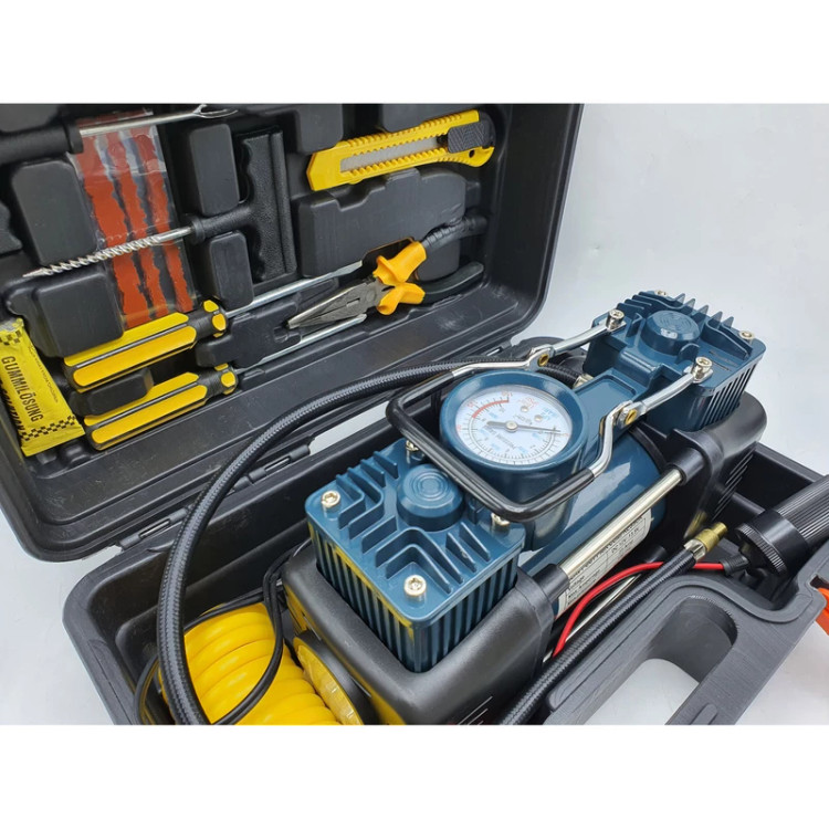 کمپرسور فندکی دوسیلندر باس مدل DC12V با تمام وسایل پنچرگیری و کیف BMC