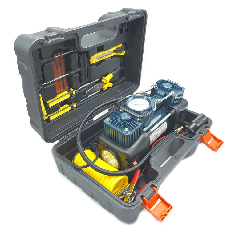 کمپرسور فندکی دوسیلندر باس مدل DC12V با تمام وسایل پنچرگیری و کیف BMC