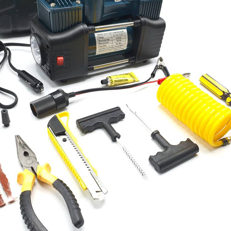 کمپرسور فندکی دوسیلندر باس مدل DC12V با تمام وسایل پنچرگیری و کیف BMC