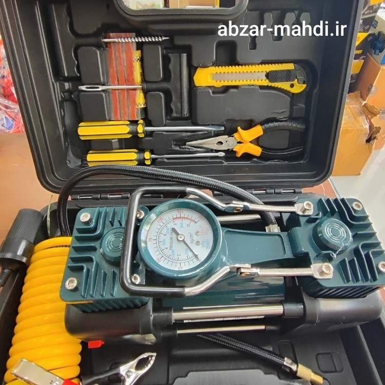 کمپرسور فندکی دوسیلندر باس مدل DC12V با تمام وسایل پنچرگیری و کیف BMC