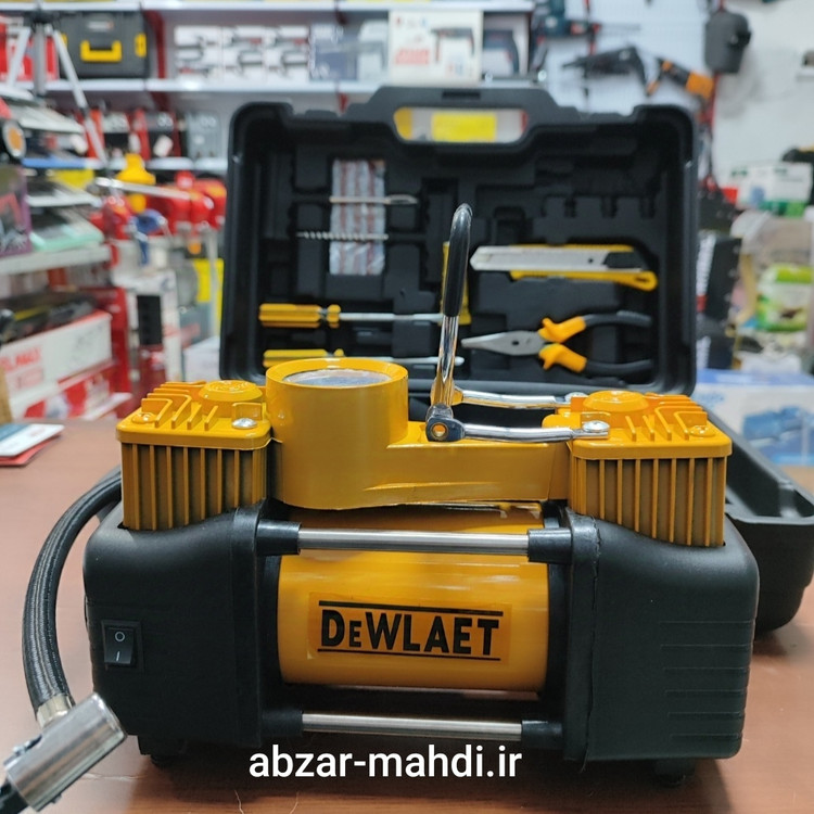 پمپ باد فندکی دوسیلندر دیوالت مدل 12V با وسایل کامل پنچر گیری