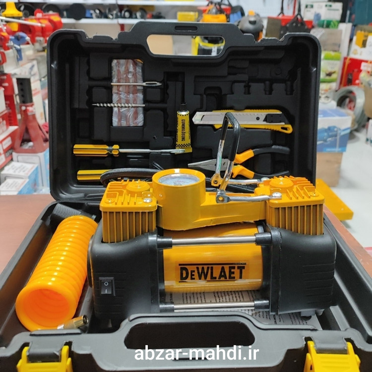 پمپ باد فندکی دوسیلندر دیوالت مدل 12V با وسایل کامل پنچر گیری
