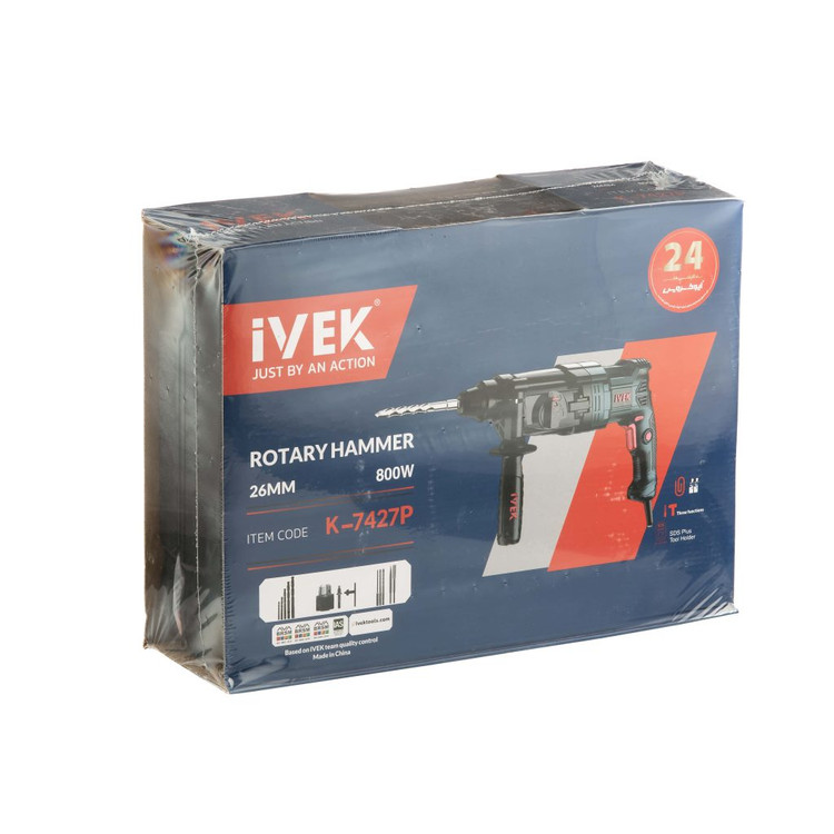 بتن کن سه حالته چکشی گیربکسی26 میلیمتر ایوک مدل K-7427p به اضافه سه نظام ۱۳ میلیمتر و ۲ قلم و ۸ مته صنعتی با ۲۴ ماه گارانتی و خدمات پس از فروش