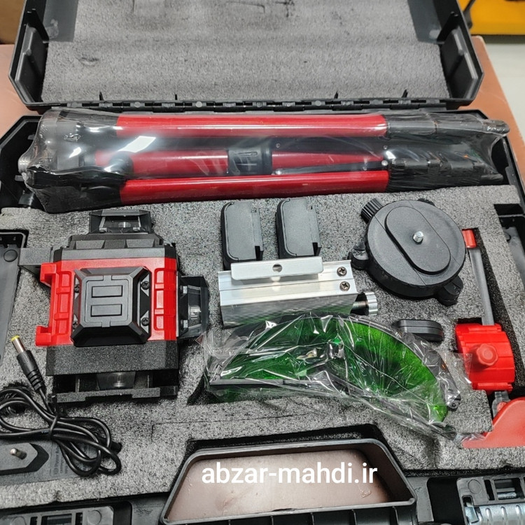 تراز لیزری 4 بعدی 16 لاین ۳۶۰ درجه ریموت دار نور سبز میلواکی( طرح آمریکا) مدل 3D-4D به همراه سه پایه فلزی و 2عدد باتری لیتیوم یونی و کیف قابل حمل