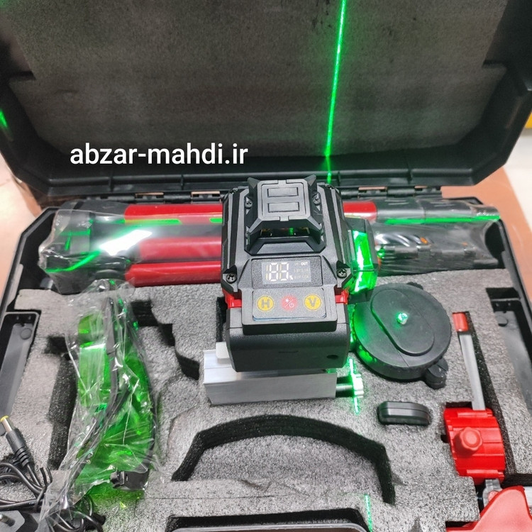 تراز لیزری 4 بعدی 16 لاین ۳۶۰ درجه ریموت دار نور سبز میلواکی( طرح آمریکا) مدل 3D-4D به همراه سه پایه فلزی و 2عدد باتری لیتیوم یونی و کیف قابل حمل