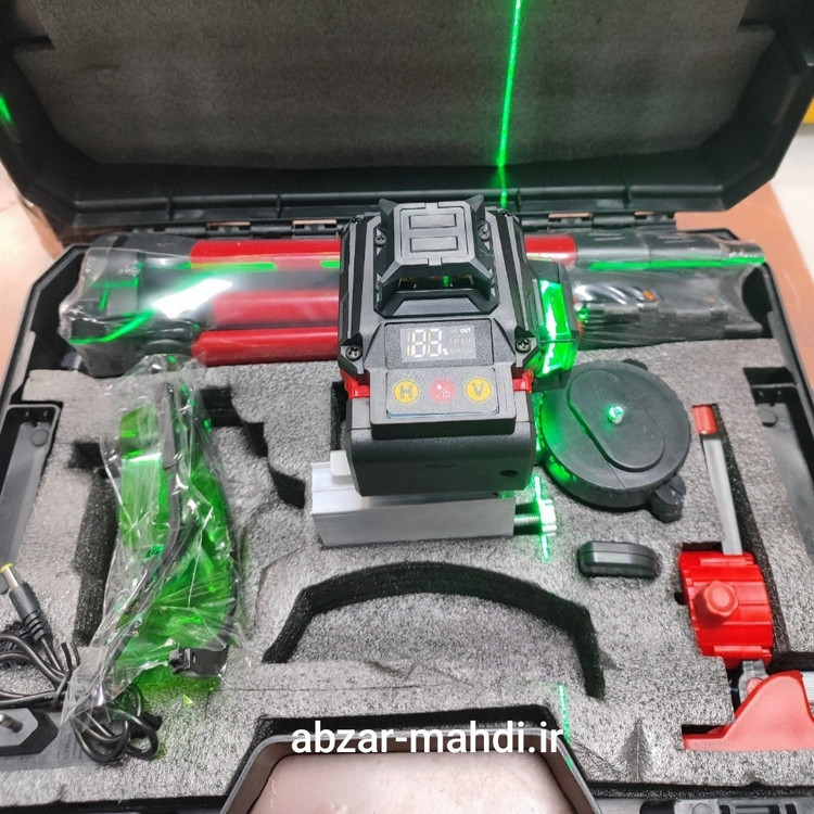 تراز لیزری 4 بعدی 16 لاین ۳۶۰ درجه ریموت دار نور سبز میلواکی( طرح آمریکا) مدل 3D-4D به همراه سه پایه فلزی و 2عدد باتری لیتیوم یونی و کیف قابل حمل