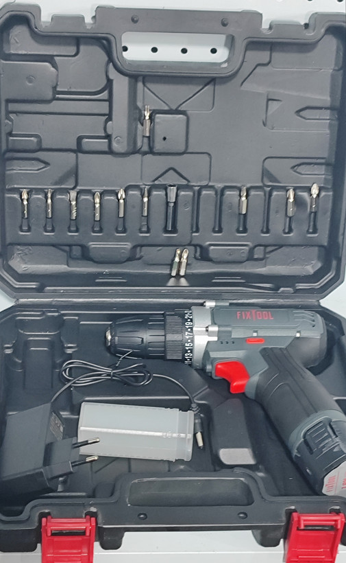 دریل شارژی18 ولت گیربکس تک باتری کیفدار فیکس تول مدل F-BC-18V با 13 عدد سری پیچگوشتی