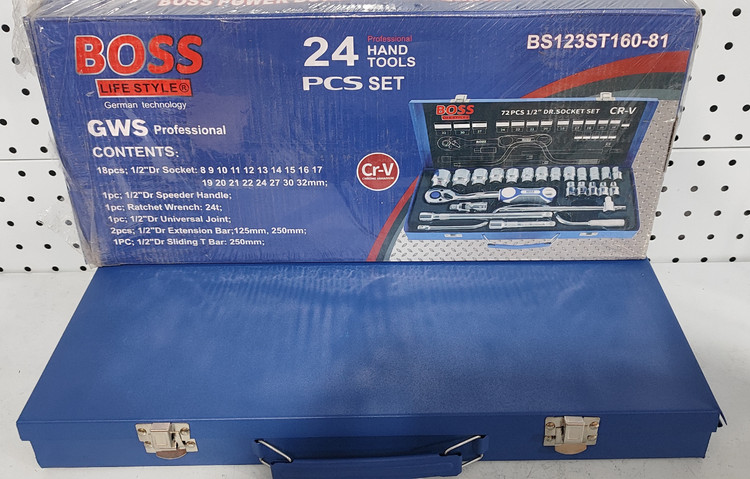 جعبه بکس 24 پارچه هندلی دار 1/2 اینچ صنعتی باس با دسته جغجغه 72 دنده مدلboos123st160-81 تکنولوژی آلمان