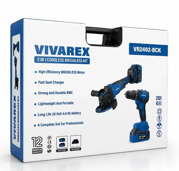 کیت دو عددی براشلس دریل شارژی و فرز شارژی ویوارکس مدل VR2402-BCK با یکسال گارانتی و خدمات پس از فروش