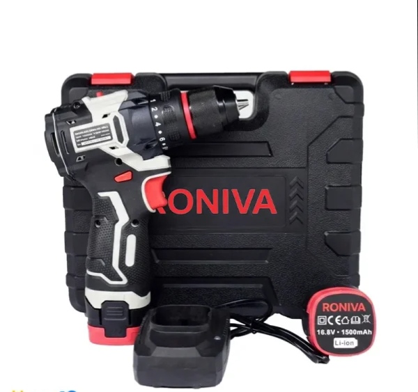 دریل شارژی 16/8 ولت براشلس رونیوا مدل RV-6816 با یکسال گارانتی و کیف BMC سه نظام فلزی و شارژر فست